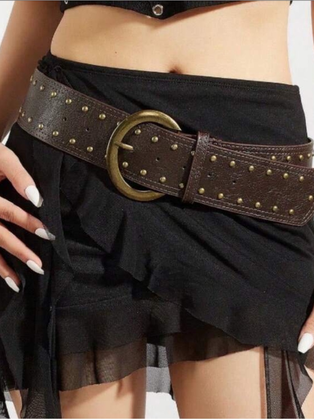 Brown Studded Wide Leather Belt with Antique Gold Buckle